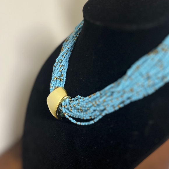 Baby blue, 23 strand, seed bead necklace. Gold focal slide. 18-20” NIP, weighted - Picture 6 of 6